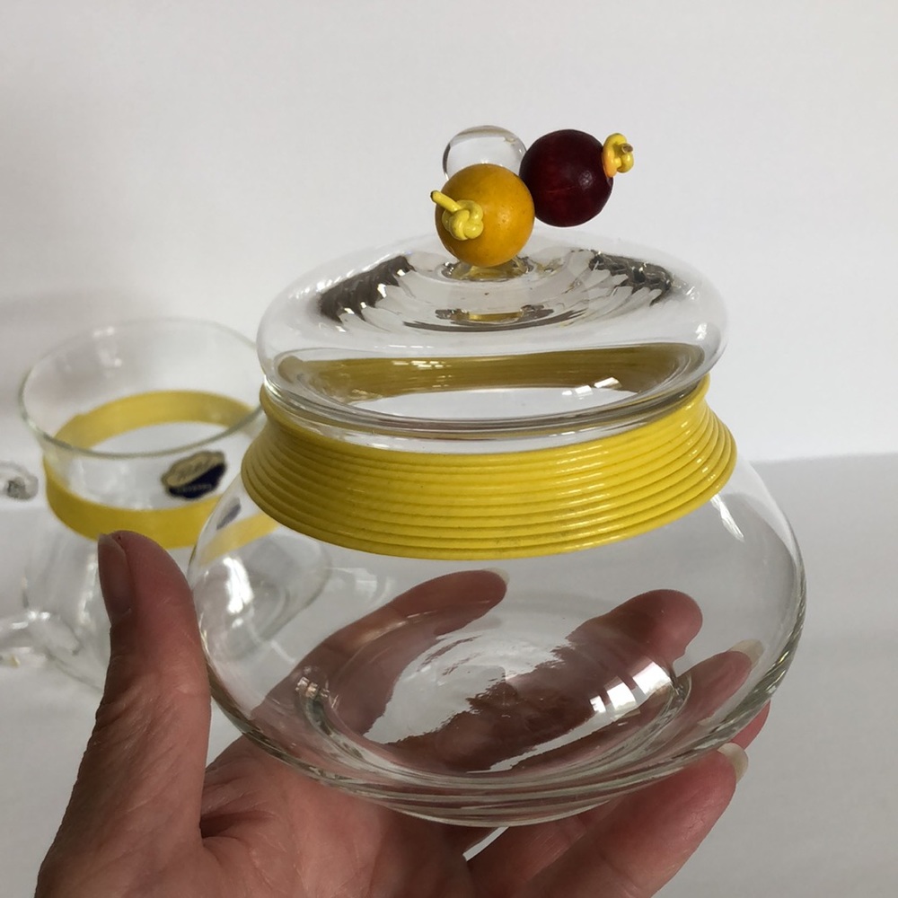 Vintage Rubel Crystal Retro Sugar Creamer  Yellow Banding Trim And Wood Beads - Picture 2 of 15